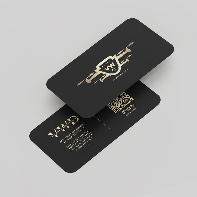 Carte De Visite Opérateur de drone moderne Monogramme Élégant Blac (Modern Drone Operator Monogram Elegant Black Gold Business Card
)