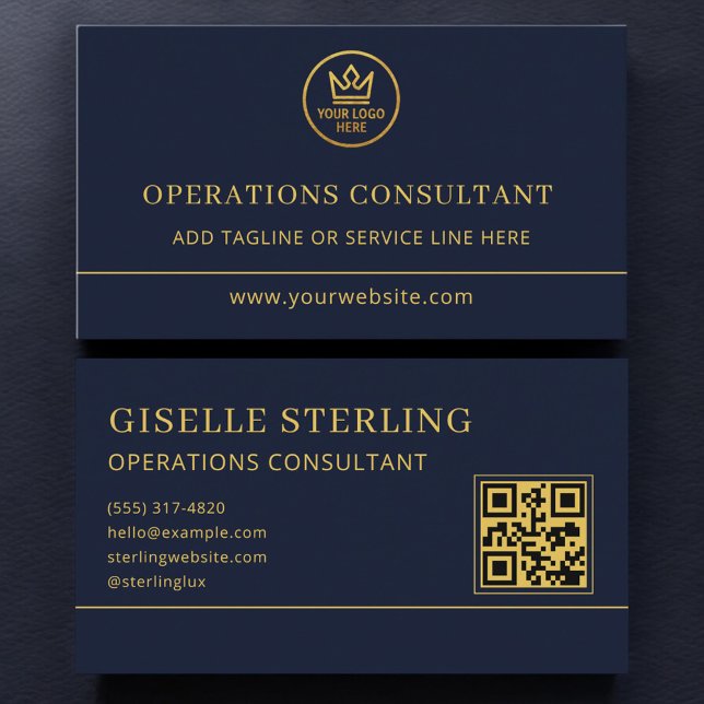 Carte De Visite Operations Consultant Blue Gold Logo QR Code (Créateur téléchargé)