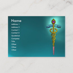CARTE DE VISITE OR CADUCUS, SYMBOLE MÉDICALE, AQUAMARINE BLEU TURQ