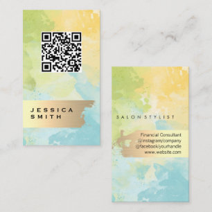 Carte De Visite Or élégant brossé Code QR Aquarelle