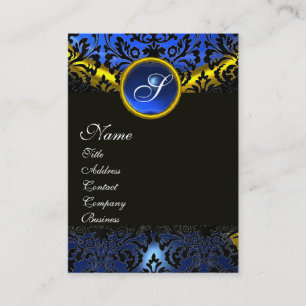 CARTE DE VISITE OR JAUNE NOIR SAPHIRE BLEU DAMASK MONOGRAM