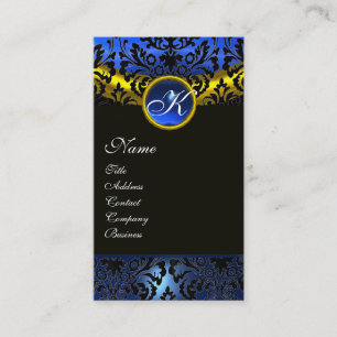 CARTE DE VISITE OR JAUNE NOIR SAPHIRE BLEU DAMASK MONOGRAM