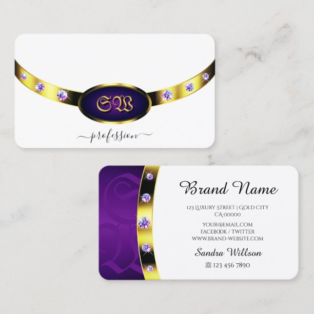 Carte De Visite Or Monogramme Luxueux Blanc et Violet Diamants (Devant / Derrière)