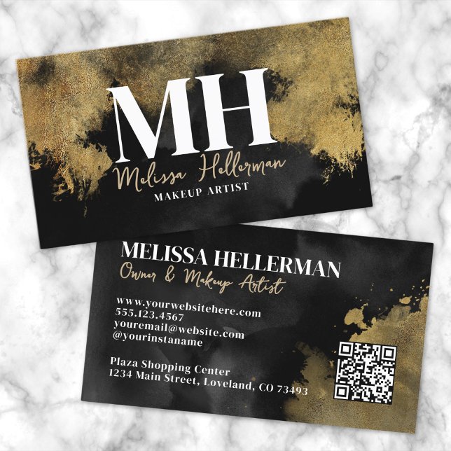 Carte De Visite Or Noir Code QR Monogramme (Black Gold QR Code Monogram Business Card)