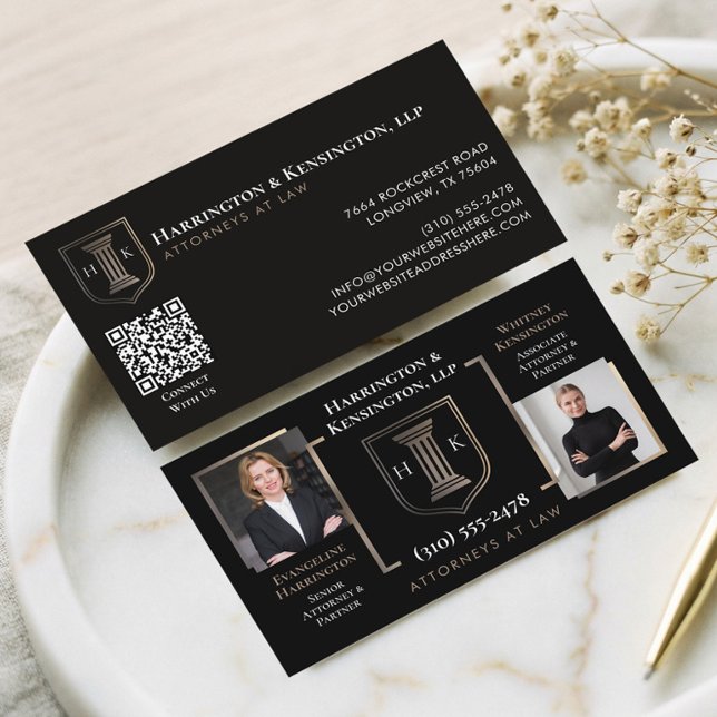 Carte De Visite Or Noir Monogramme Avocats de Luxe Photo (Black Gold Monogram Luxury Attorneys At Law Photo Business Card)