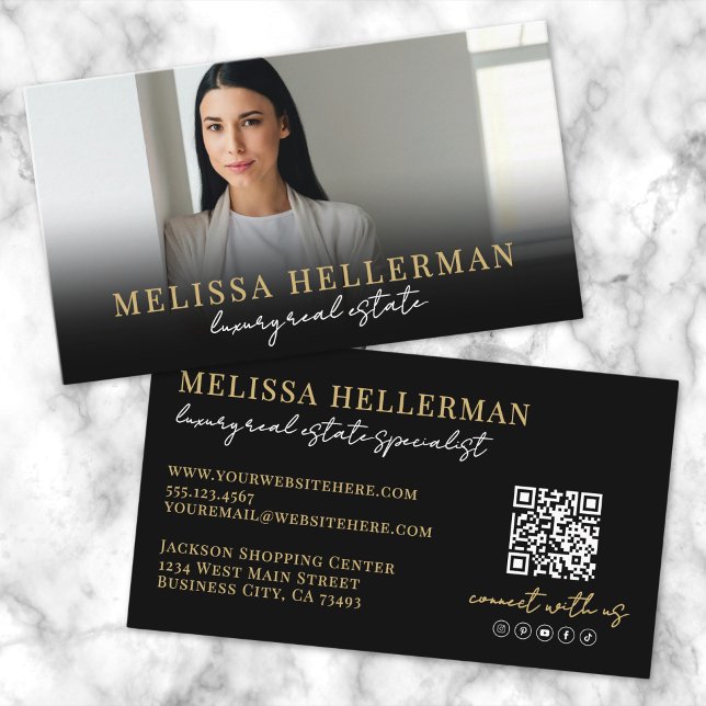 Carte De Visite Or Noir Script Immobilier de Luxe (Black Gold Script Luxury Real Estate Business Card)