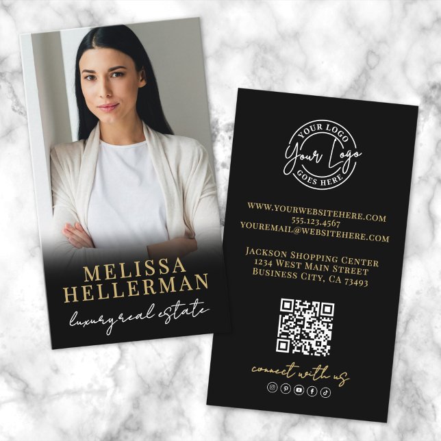 Carte De Visite Or Noir Script Immobilier de Luxe Photo (Black Gold Script Luxury Real Estate Photo Business Card)