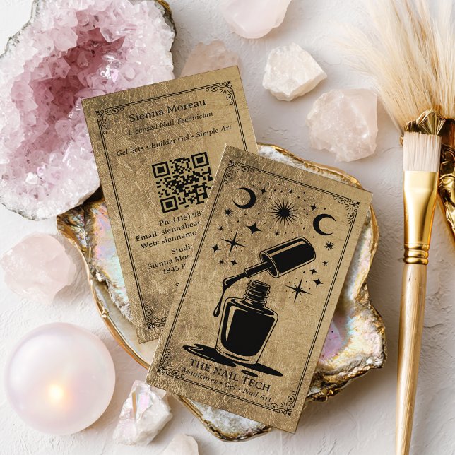 Carte De Visite Or Noir Tarot Céleste Code QR Artiste Ongles (Black Gold Celestial Tarot Nail artist QR Code Business Card)