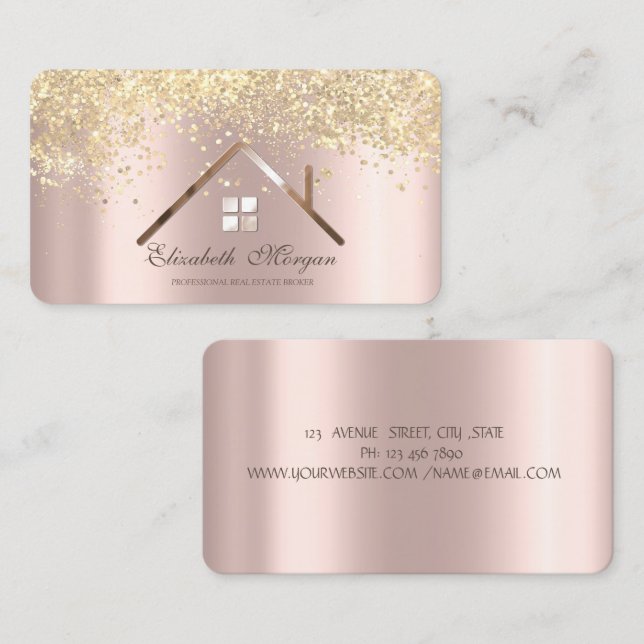 Carte De Visite Or rose gold sequins immobilier professionnel  (Devant / Derrière)