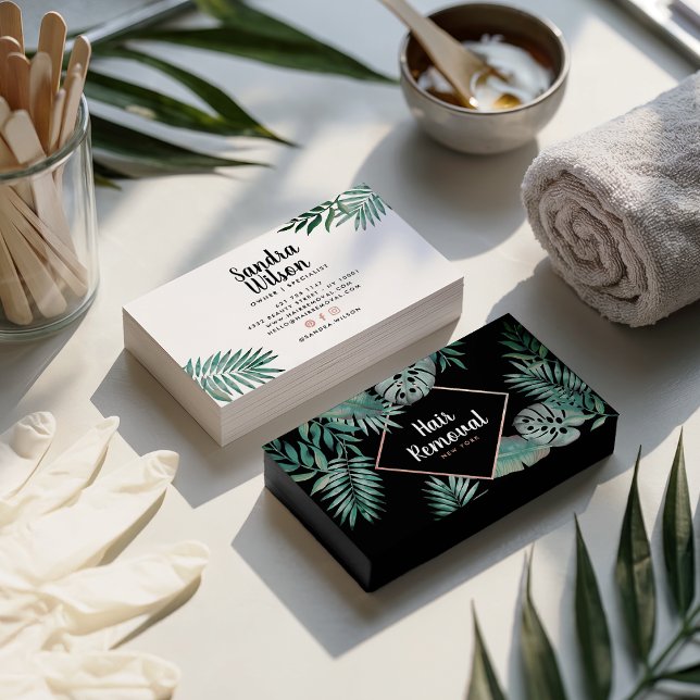 Carte De Visite or rose noir tropical vert aquarelle feuilles (Rose gold black tropical green watercolor leaves)