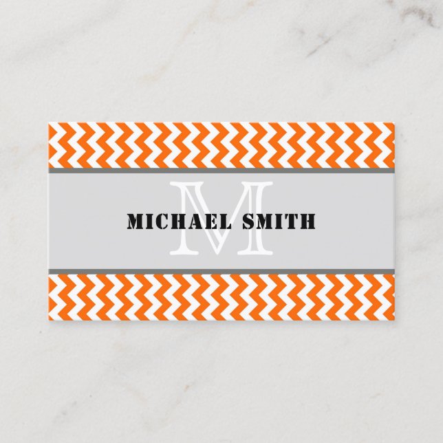 Carte De Visite Orange blanc Chevron Zigzag Monogramme (Devant)