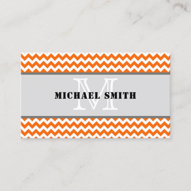 Carte De Visite Orange blanc Chevron Zigzag Monogramme (Devant)