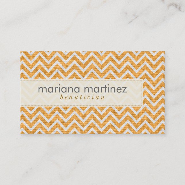 Carte De Visite Orange & Blanc Retro Chevron Motif Lin Texture (Devant)