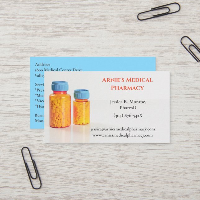 Carte De Visite Orange Blue Bouteilles Pharmacy Pills (Devant/Arrière en situation)