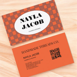 Carte De Visite Orange Brown Checkerboard Motif QR Code fait main