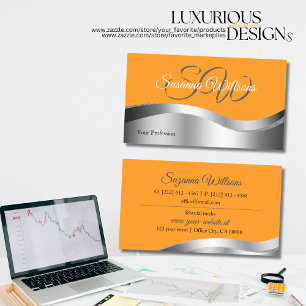 Carte De Visite Orange classique avec décor et initiales en argent