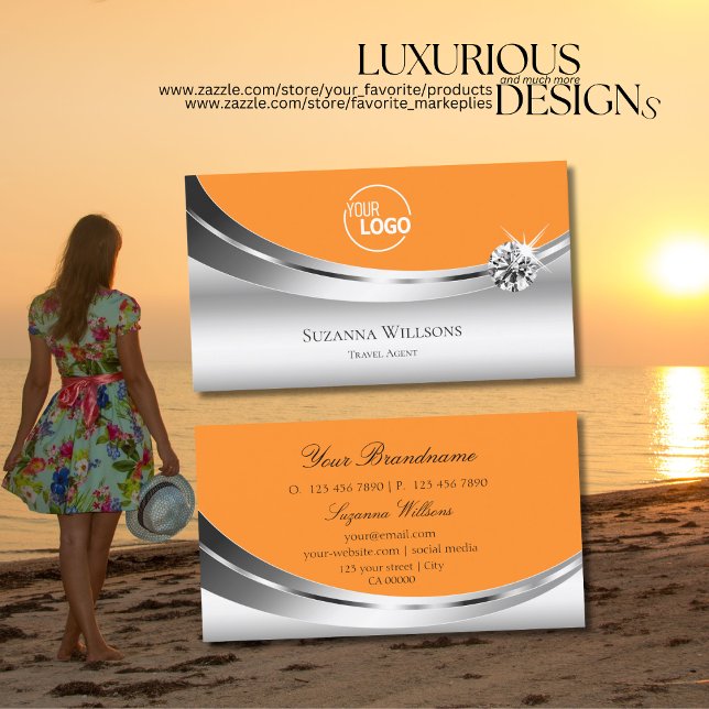 Carte De Visite Orange d'argent moderne avec logo et diamant étinc (Créateur téléchargé)