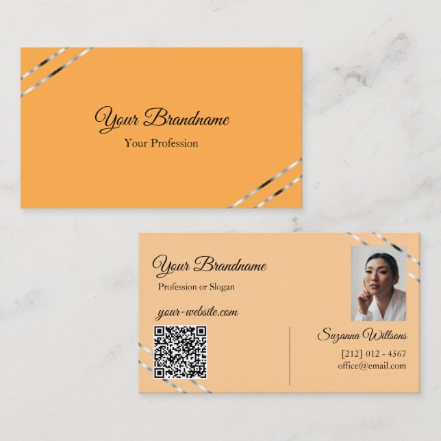 Carte De Visite Orange et pêche avec code QR photo lignes argentée (Devant / Derrière)