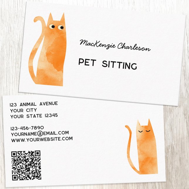 Carte De Visite Orange Ginger Cat QR Code Services aux animaux de  (Ginger orange cat watercolor custom text QR code pet sitting feeding services business cards)