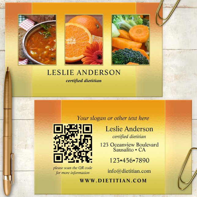 Carte De Visite Orange Gold Photos diététiste nutritionniste QR Co (Portfolio photo business card showing an orange gold design - nice for a dietitian or nutritionist)