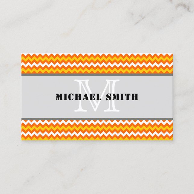 Carte De Visite Orange jaune blanc Chevron Zigzag Monogramme (Devant)