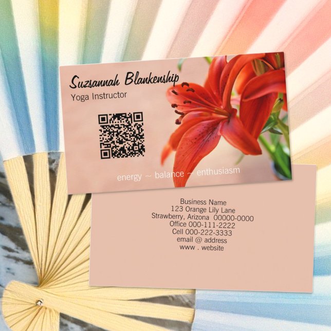Carte De Visite Orange Lily Photo personnalisée QR Code Yoga Instr (Tiger Lily business card template front and back)