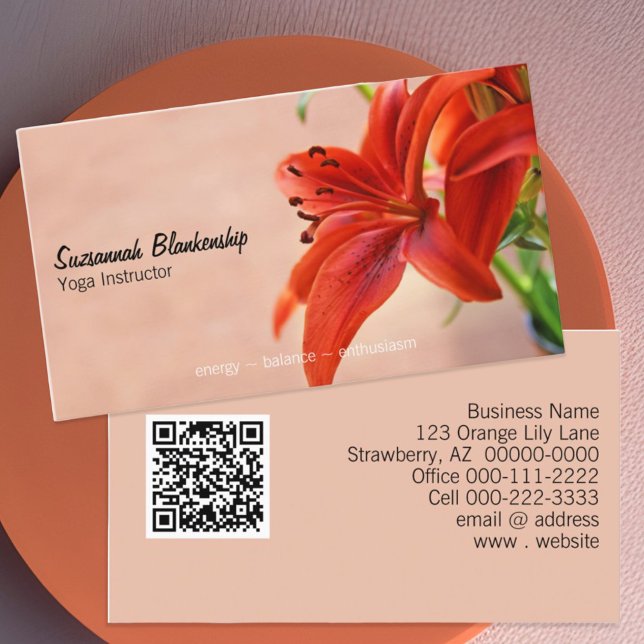 Carte De Visite Orange Lily Photo Yoga Instructeur QR Code (business card front and back with qr code)