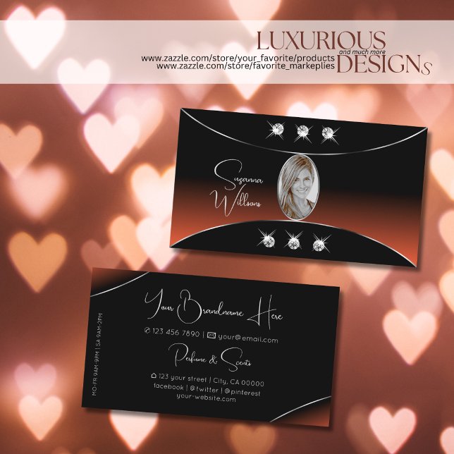 Carte De Visite Orange noir avec diamants de déco en argent et pho (Créateur téléchargé)