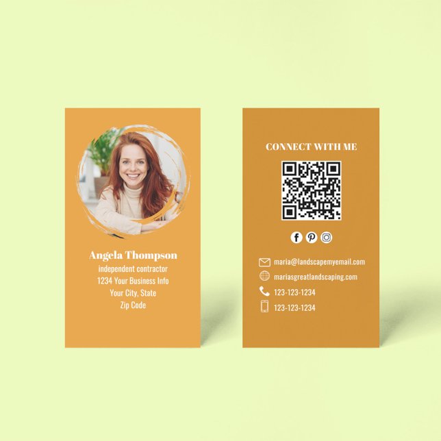 Carte De Visite Orange Photo QR Code Connect with Me Business (Business card with modern photo template and orange theme.)