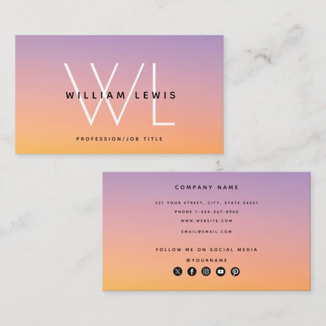 Carte De Visite Orange violet Dégradé des médias sociaux Icônes (Devant / Derrière)