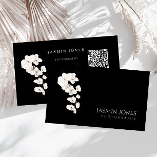Carte De Visite Orchidée QR Code Floral Noir Blanc Moderne