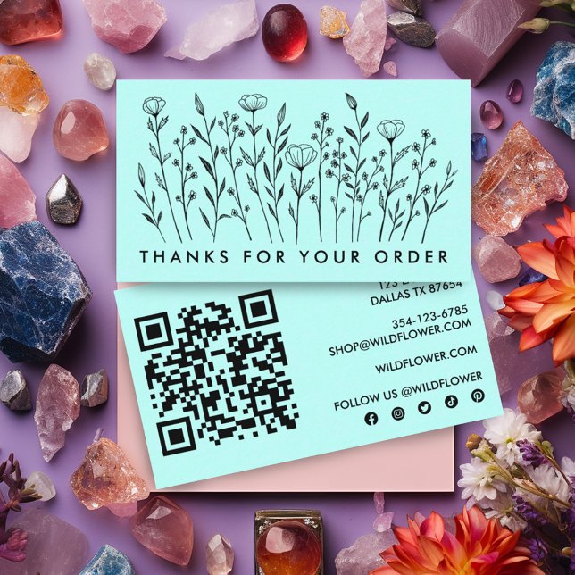 Carte De Visite ORDER MERCI Fleur sauvage QR Code Icônes sociales (Custom QR code and social icons on this thank you for your order card with botanical wildflowers art)