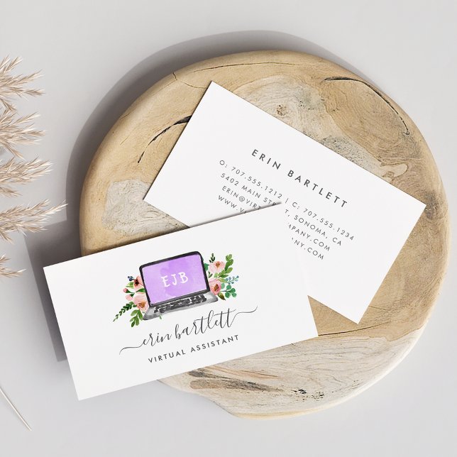 Carte De Visite Ordinateur portable Floral | Assistant virtuel (Créateur téléchargé)