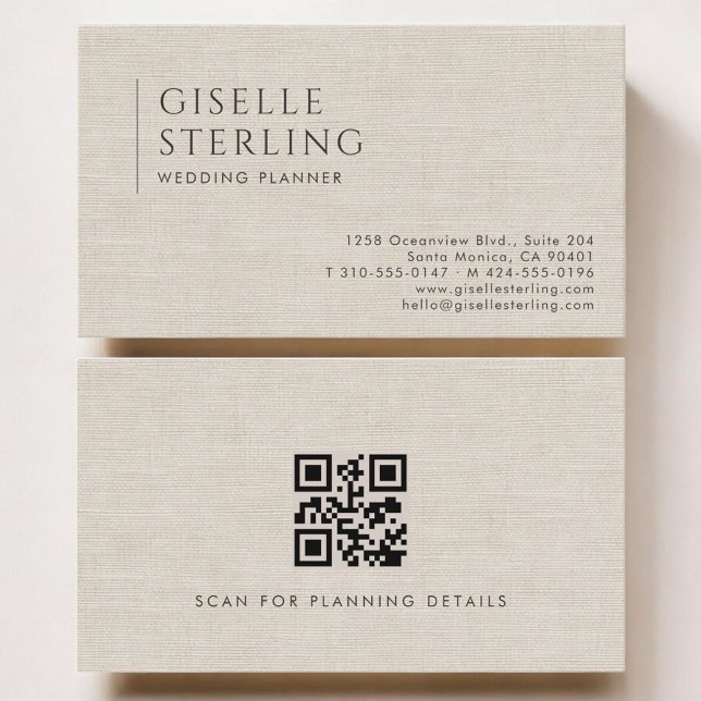 Carte De Visite Organisateur de Mariage Luxe Lin Neutral QR Code (Créateur téléchargé)