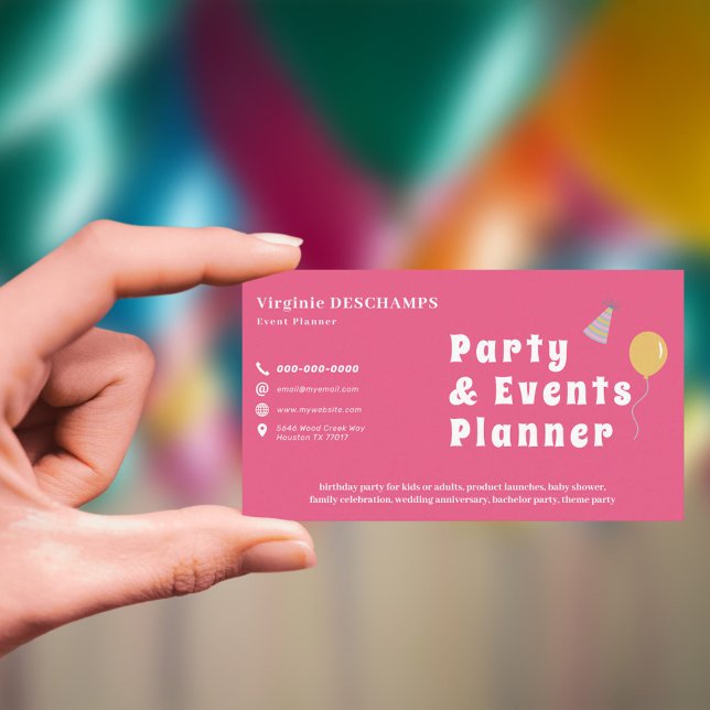 Carte De Visite Organisatrice de fêtes et d'événements Rose (Party & Events Planner Pink Business Card)