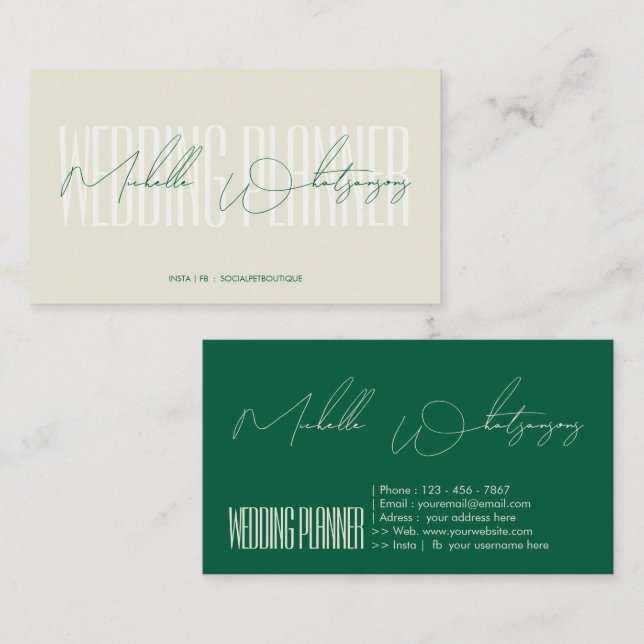 Carte De Visite Organiseur de MARIAGE à monogramme écriture modern (Devant / Derrière)