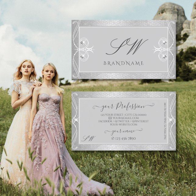 Carte De Visite Ornate Grey Argent Mosaïque Épargne Bijoux Initial (Créateur téléchargé)