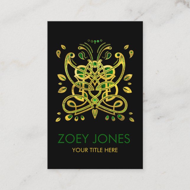 Carte De Visite Ornement de papillons celtes - Vert et or (Devant)