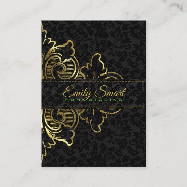 Carte De Visite Ornement Floral Noir Damas Or (Devant)
