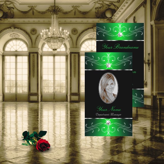 Carte De Visite Ornement noir vert remarquable Ajouter photo (Créateur téléchargé)