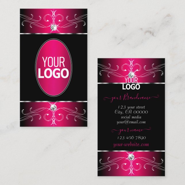 Carte De Visite Ornements de luxe en noir et rose avec logo (Devant / Derrière)
