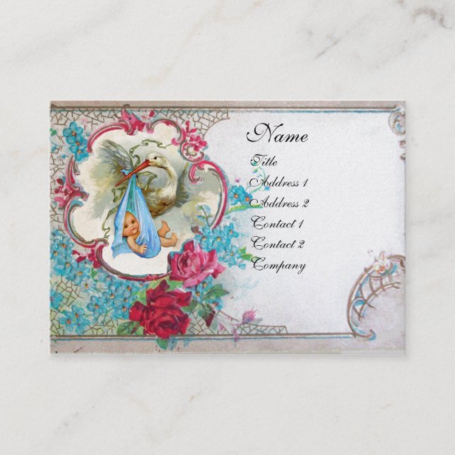 Carte De Visite OUBLIEZ MOINS STORK BABY SHOWER 2 MONOGRAM blanc (Devant)