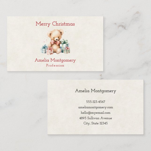 Carte De Visite Ours en peluche mignonne avec cadeaux de Noël (Devant / Derrière)