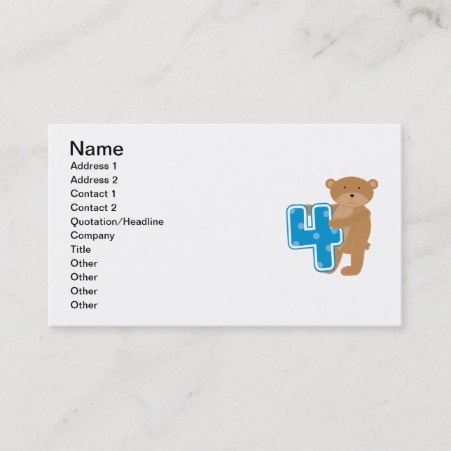 Carte De Visite Ours T-shirts et cadeaux pour le 4e anniversaire (Devant)