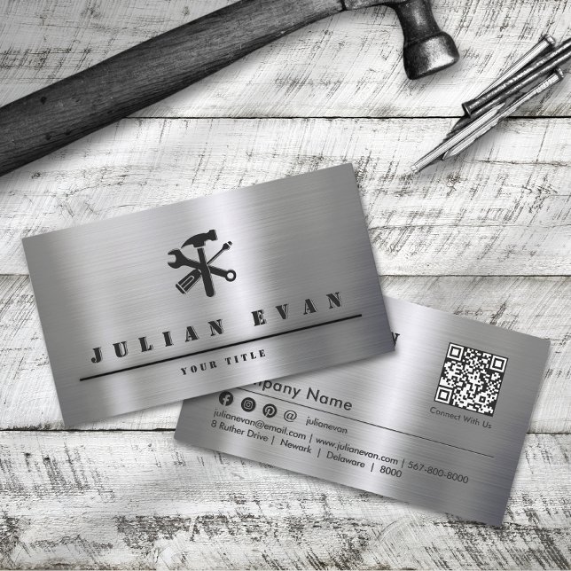 Carte De Visite Outil de main en métal brossé brillant professionn (Professional Shiny Brushed Metal Handyman Tool Business Card)