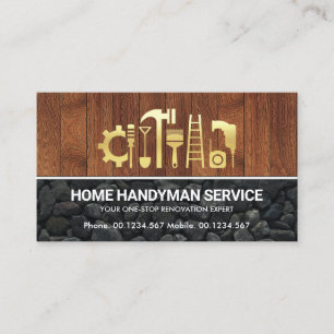 Carte De Visite Outil Gold Handyman sur pierre de bois