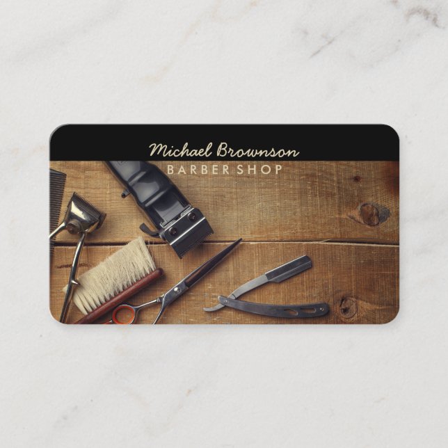 Carte De Visite Outils de barbier en bois rustique (Devant)