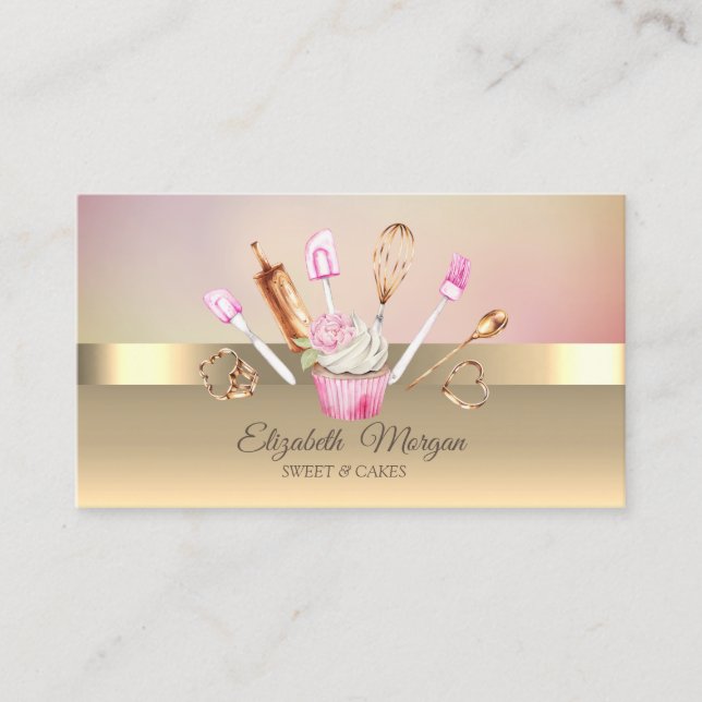 Carte De Visite Outils de boulangerie fleur de cupcake moderne or (Devant)