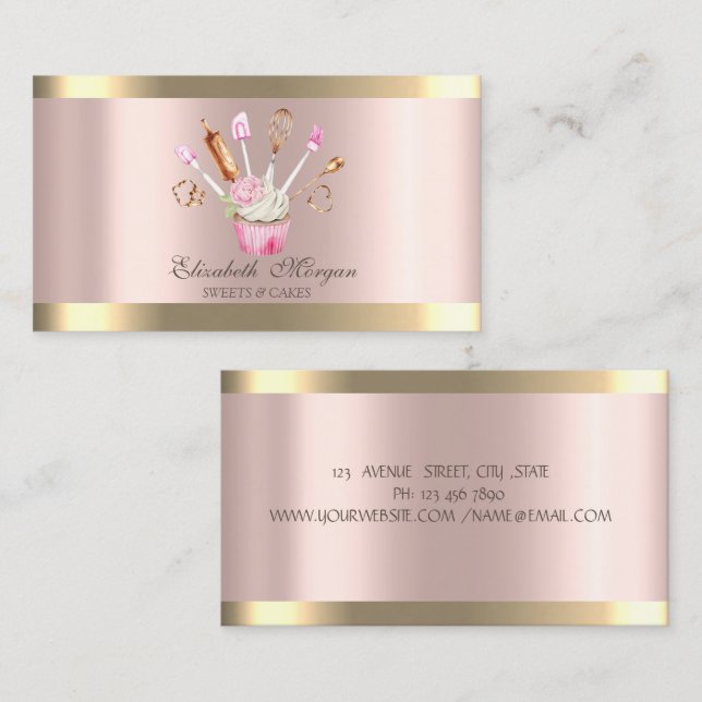 Carte De Visite Outils de boulangerie Fleur Gâteau Cupcake Rayure  (Devant / Derrière)