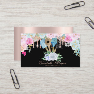 Carte De Visite Outils de boulangerie Fleurs de gouttes d'or rose